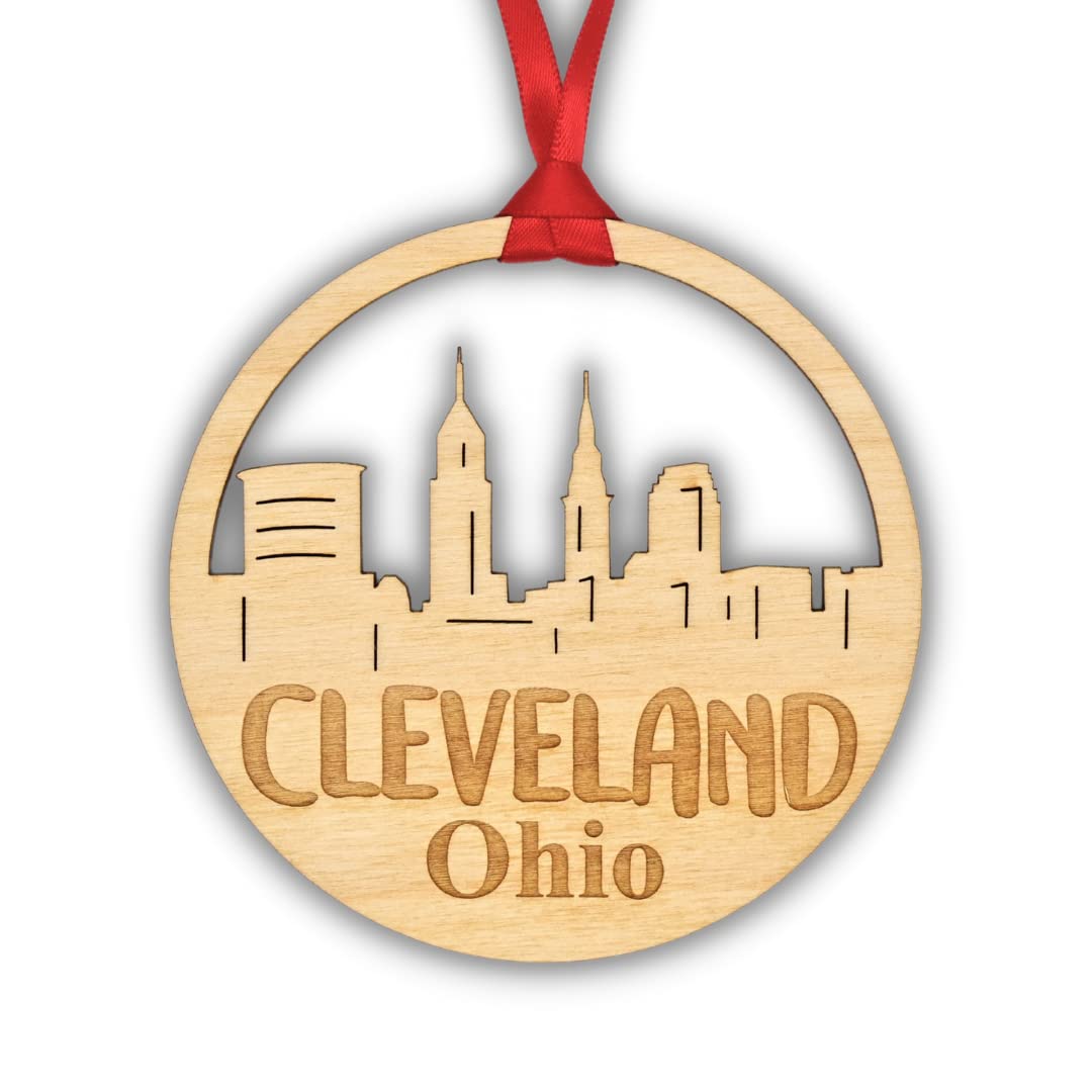 Cleveland Christmas Ornament wooden city skyline Ohio with red ribbon