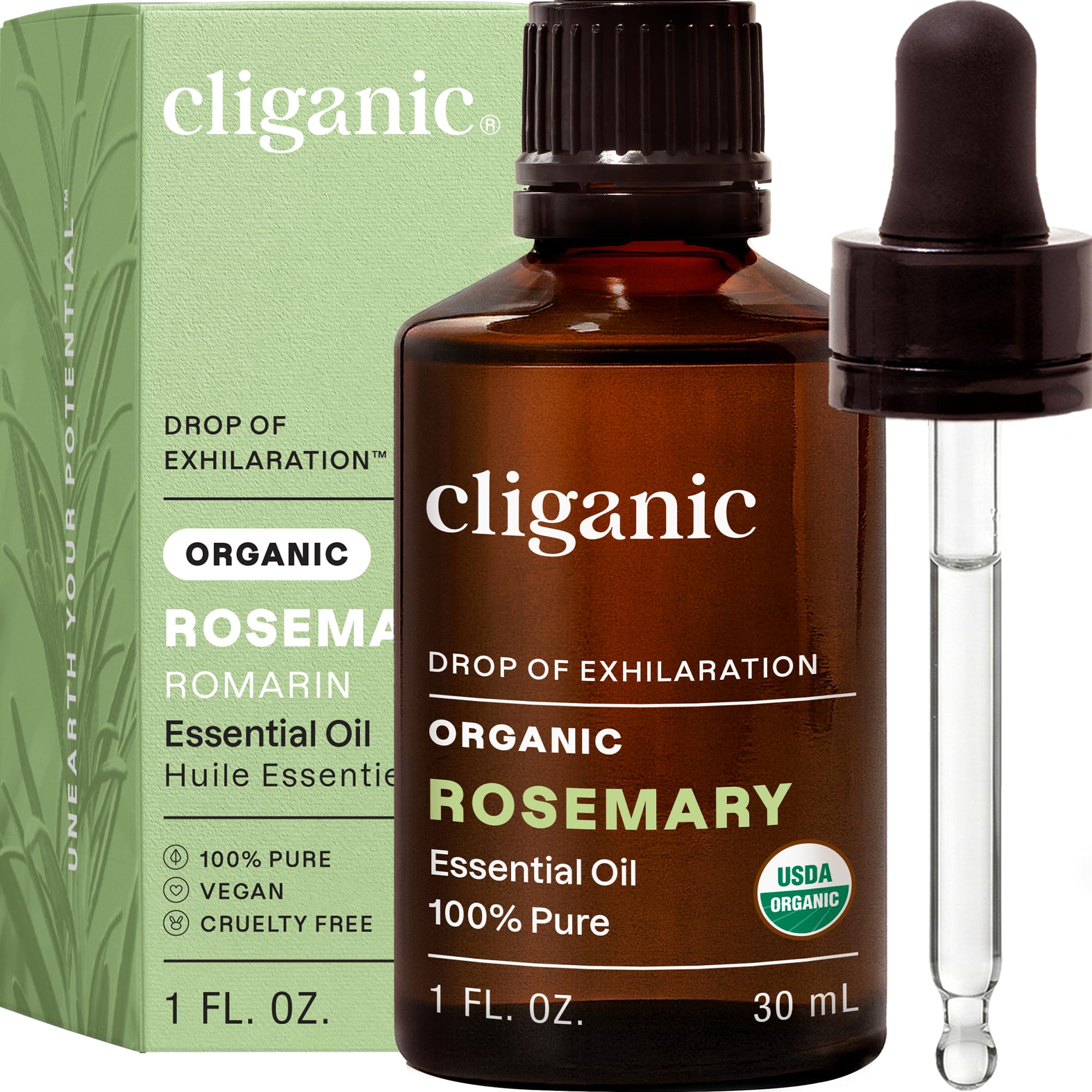 Cliganic Organic Rosemary Essential Oil bottle with dropper