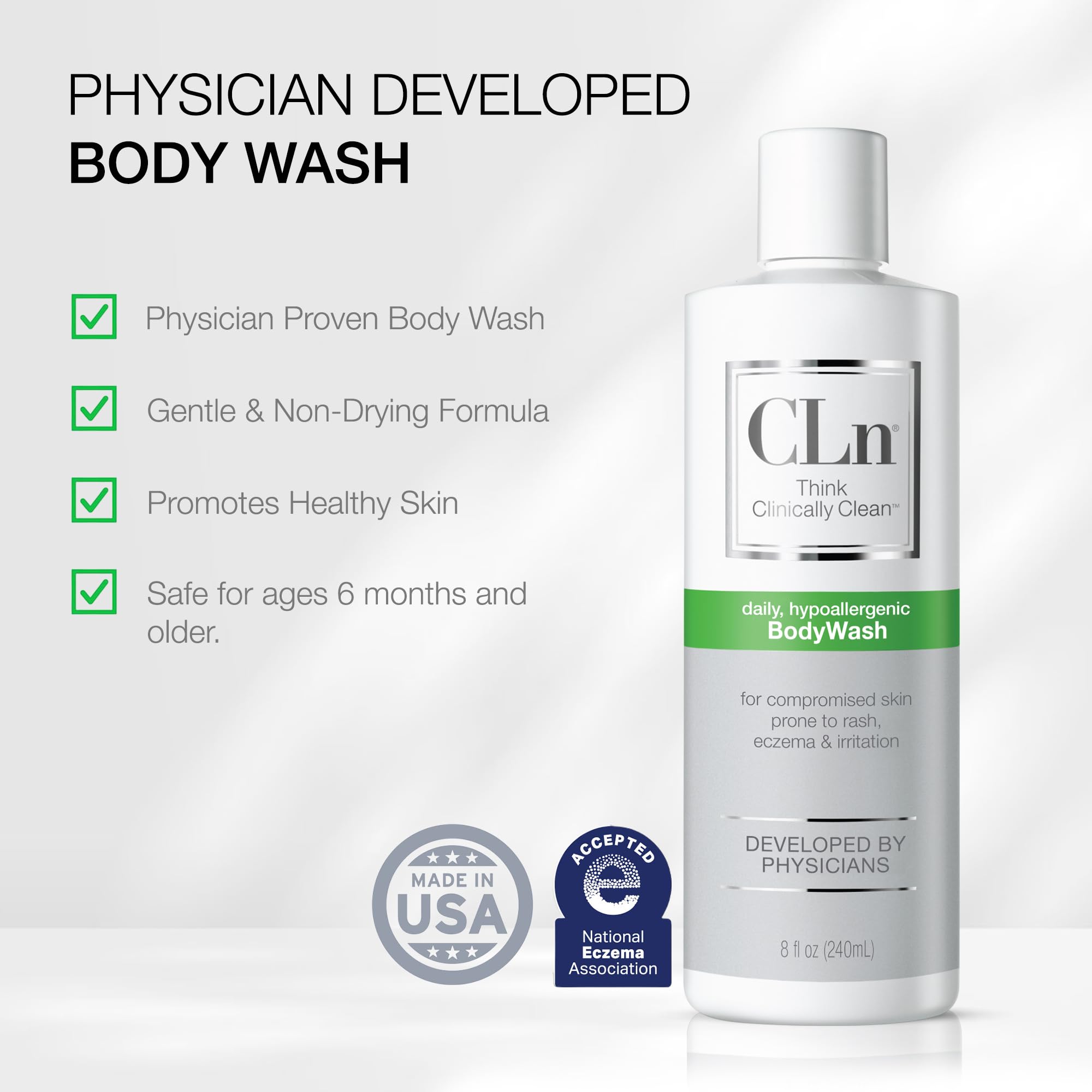 National Eczema Association seal on CLn BodyWash packaging