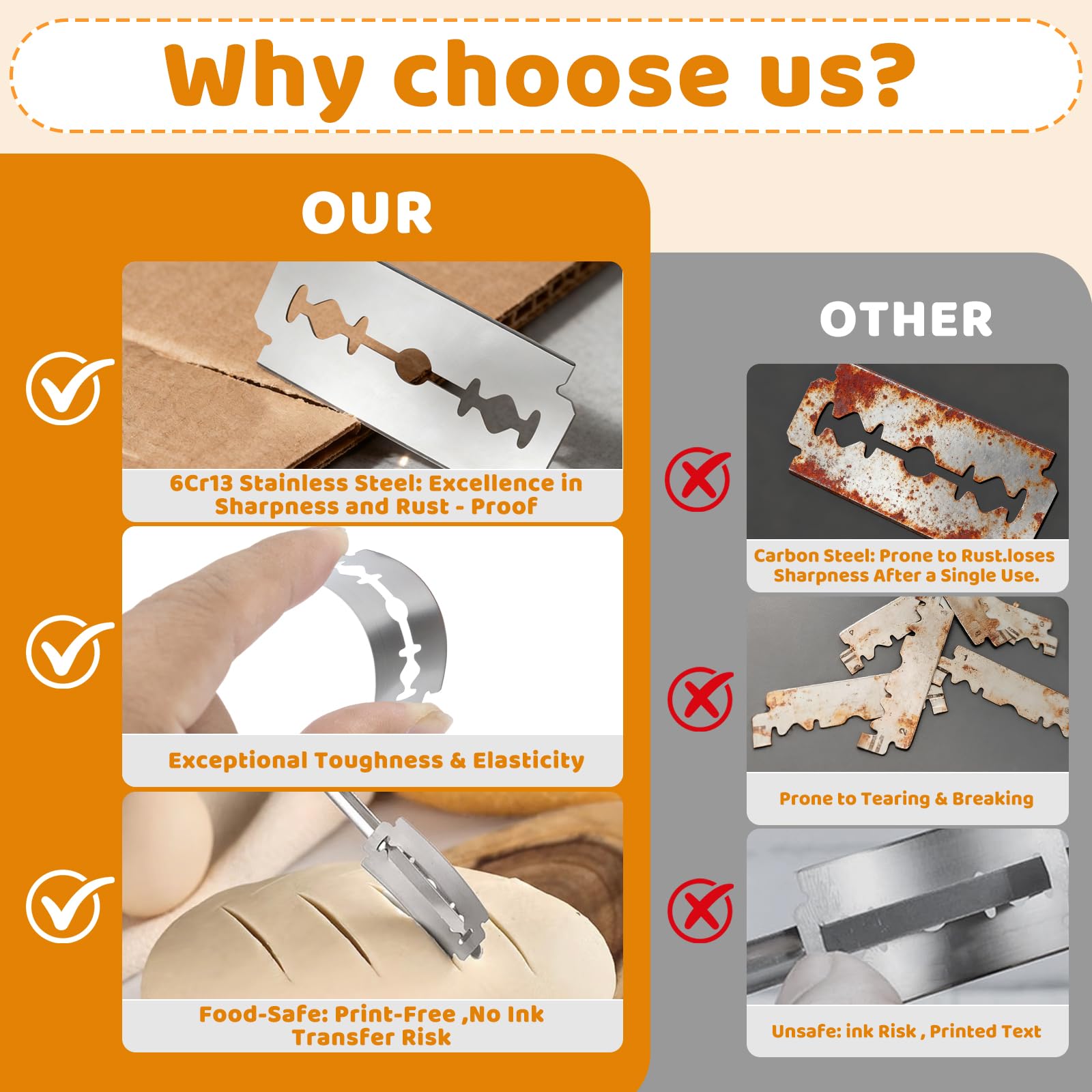 Food-safe sourdough razor scorer blades for direct dough contact