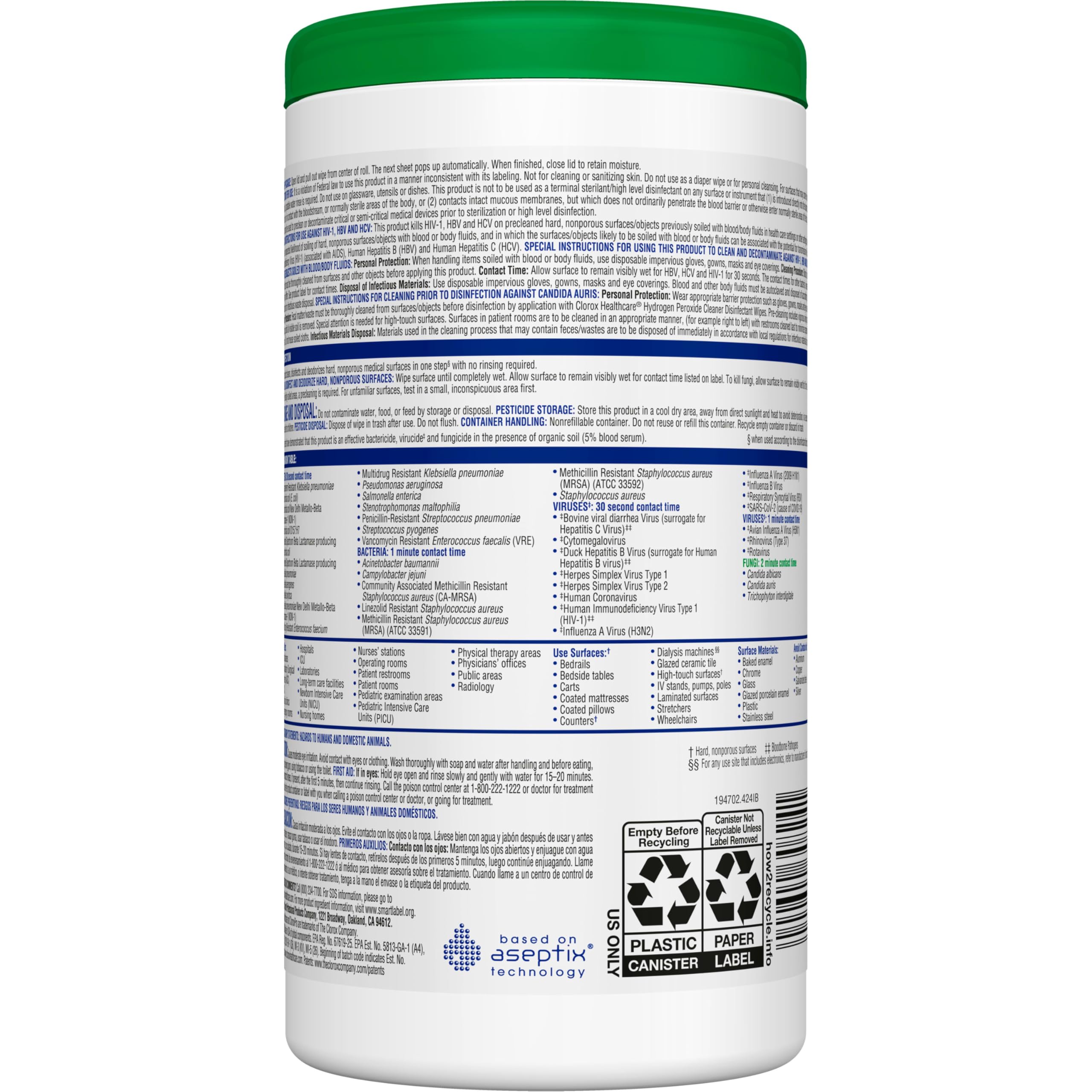 Bleach-free noncorrosive fragrance-free wipes for patients