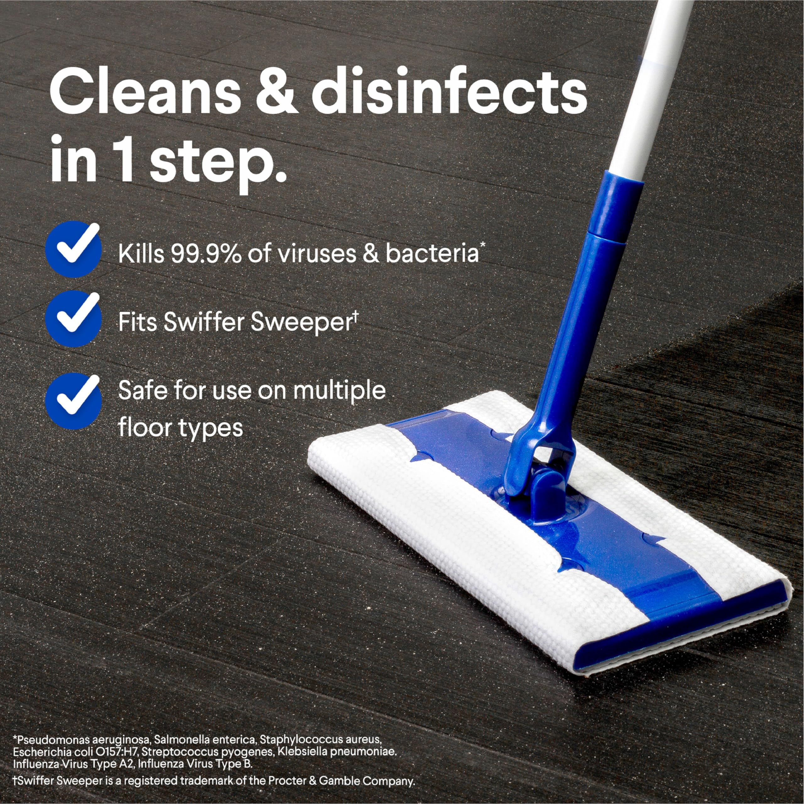Mop pad disinfectant for hard nonporous surfaces including wood and tile