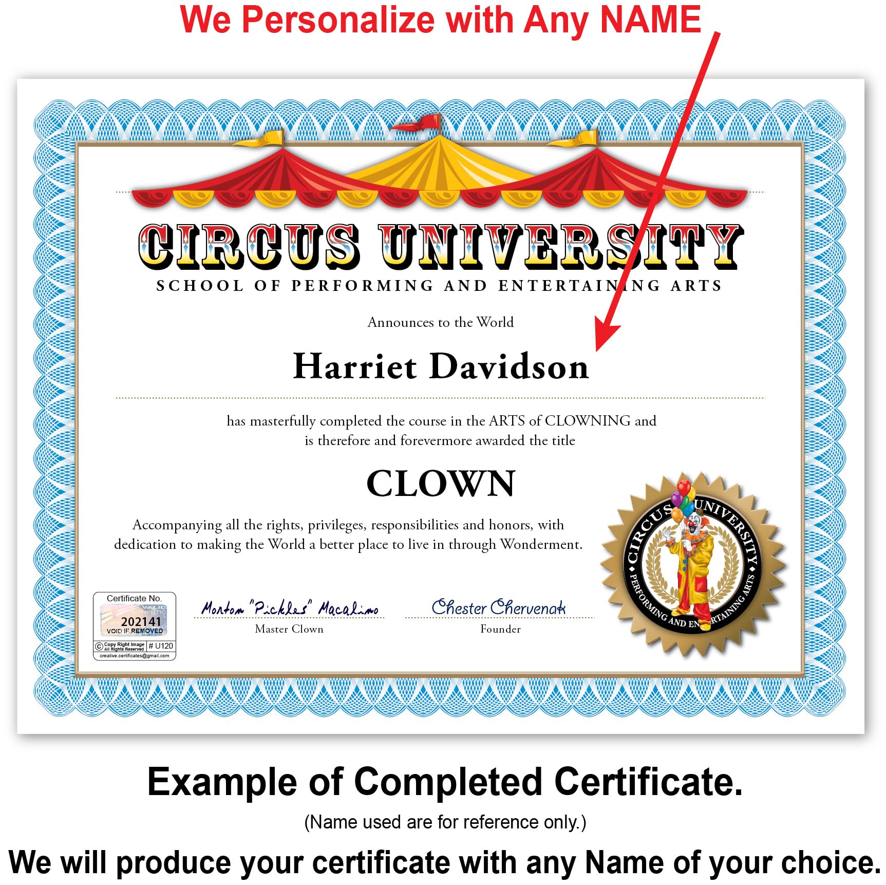 Clown certificate diploma size 8-5x11 inches
