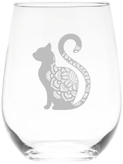 cm cat sitting stemless wine glass with etched sitting cat design