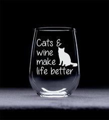 Cat lover gift stemless wine glass with cat humor