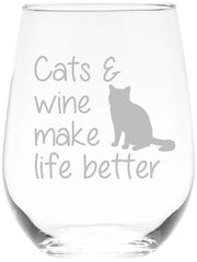CM Cats and Wine Stemless Glass 17 oz front view
