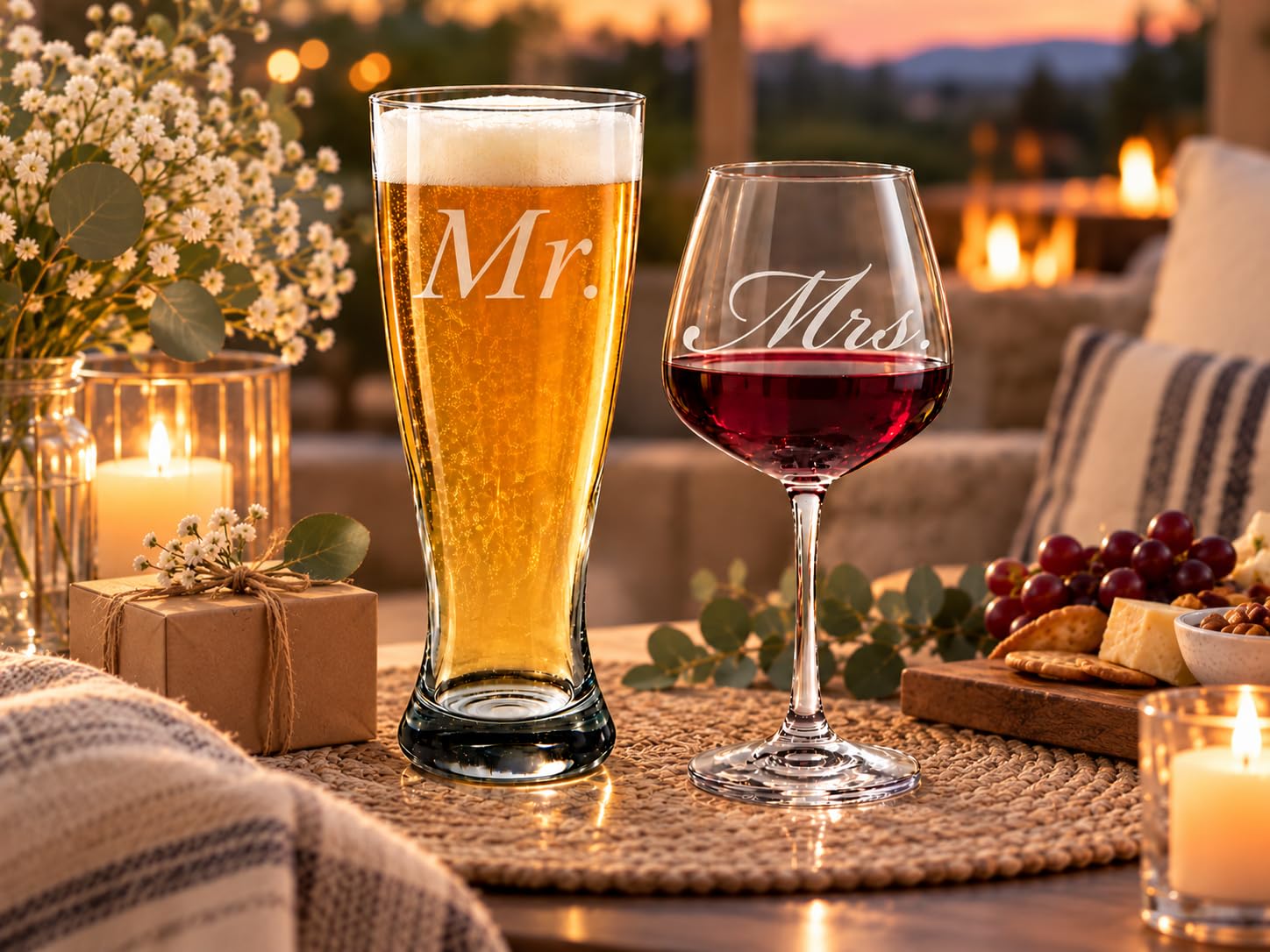 Two-piece couples glass set includes beer and wine glasses