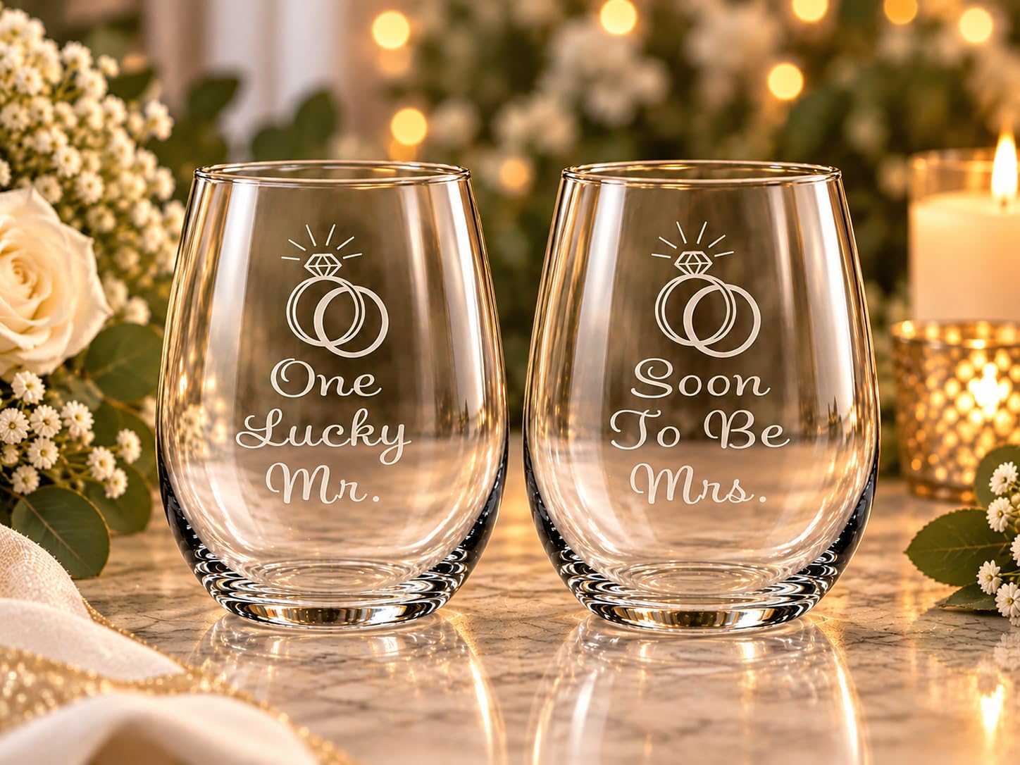 Two 17 oz stemless wine glasses with engagement engravings