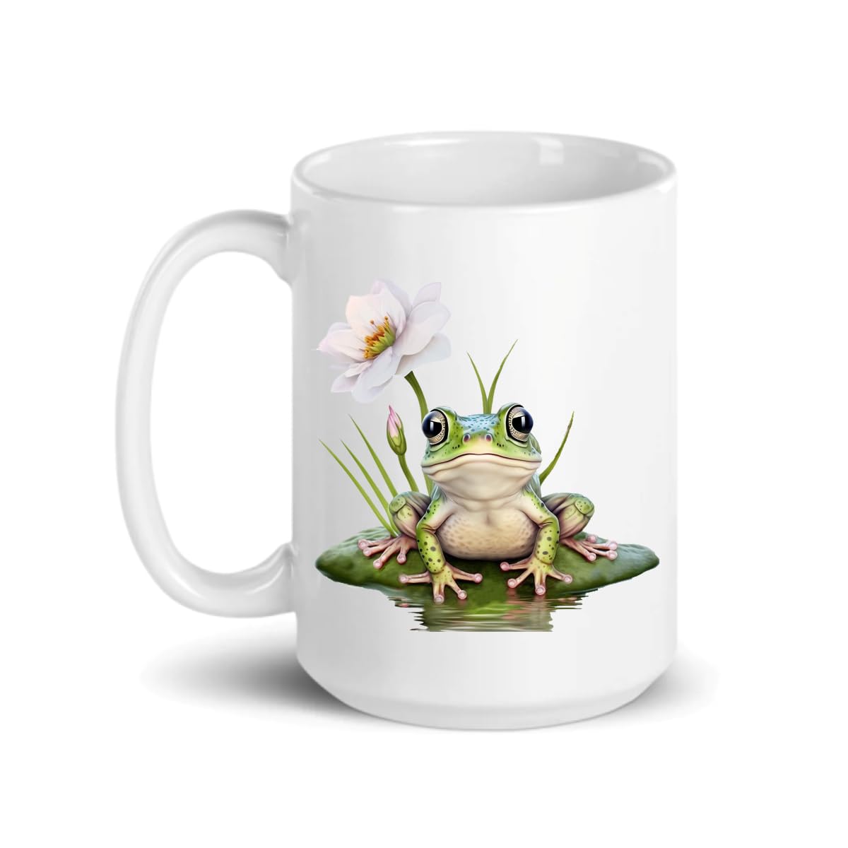 C M frog on lilypad mug front view