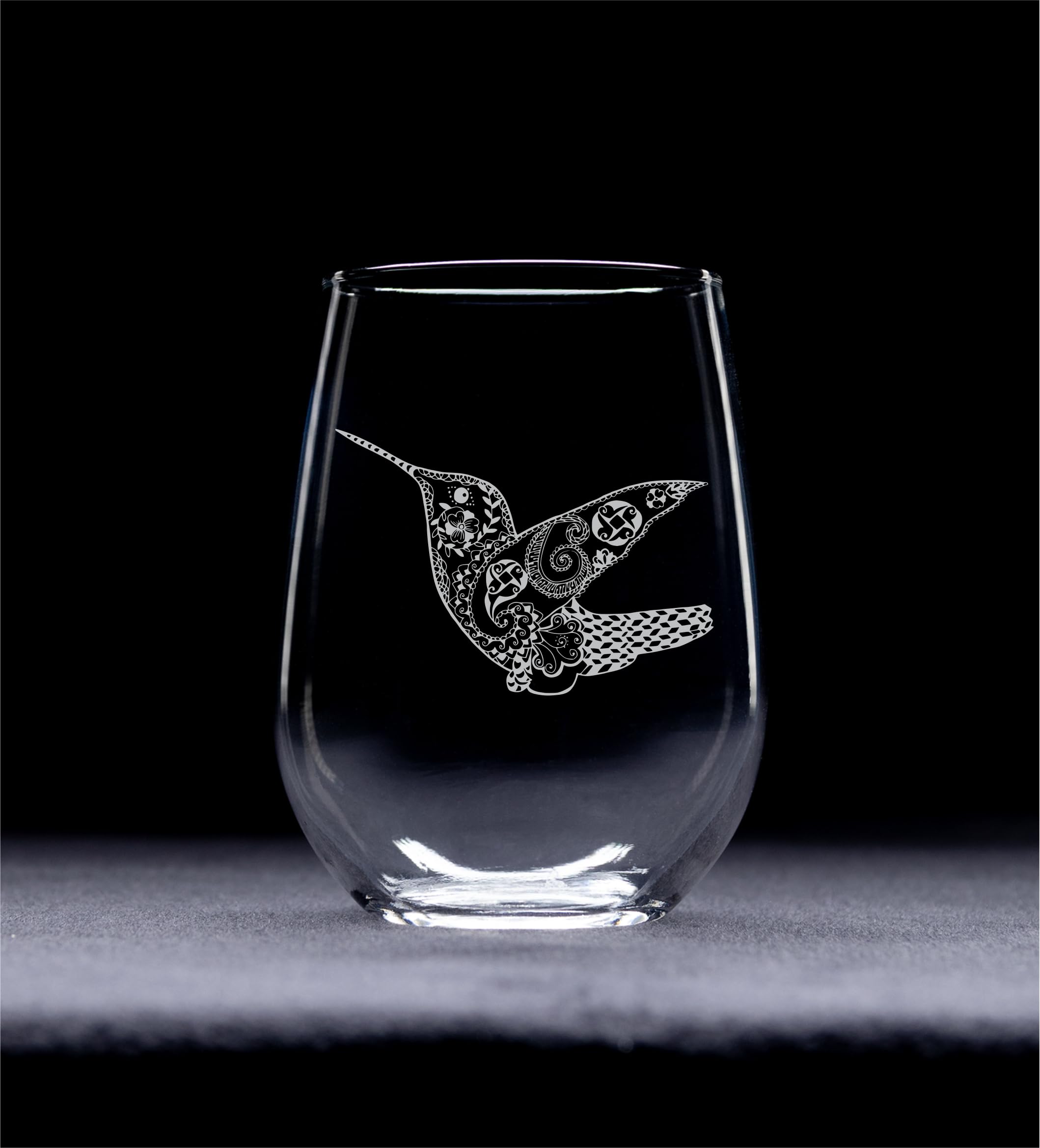 C M Hummingbird Stemless Glass with laser engraved hummingbird design