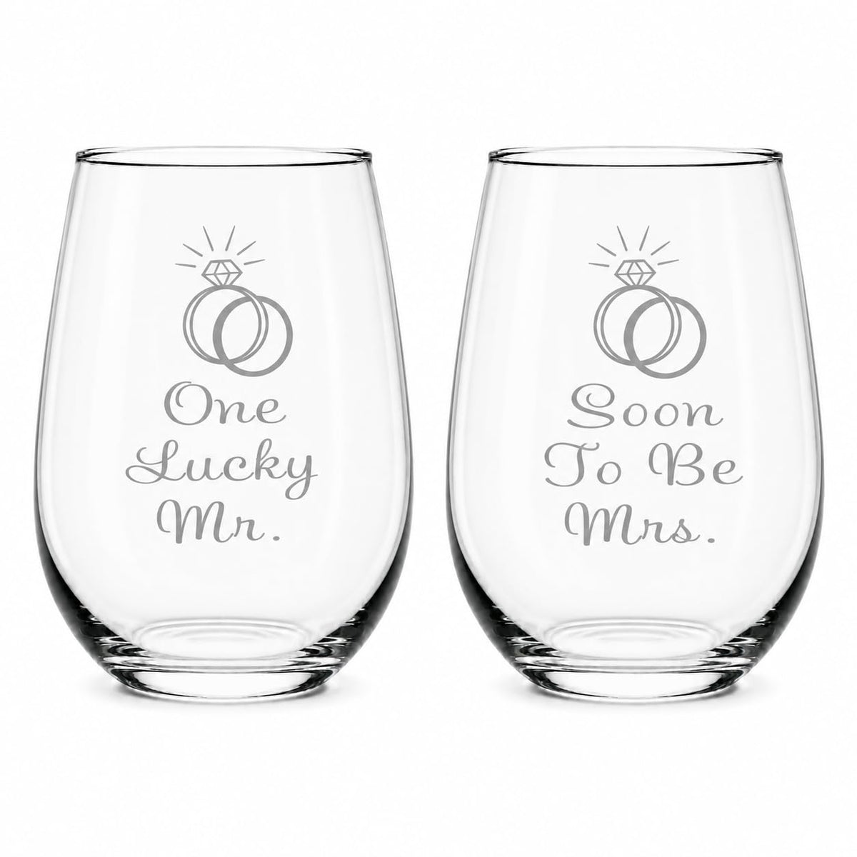 C M One Lucky Mr engagement stemless wine glass set 2 image showing laser engraving