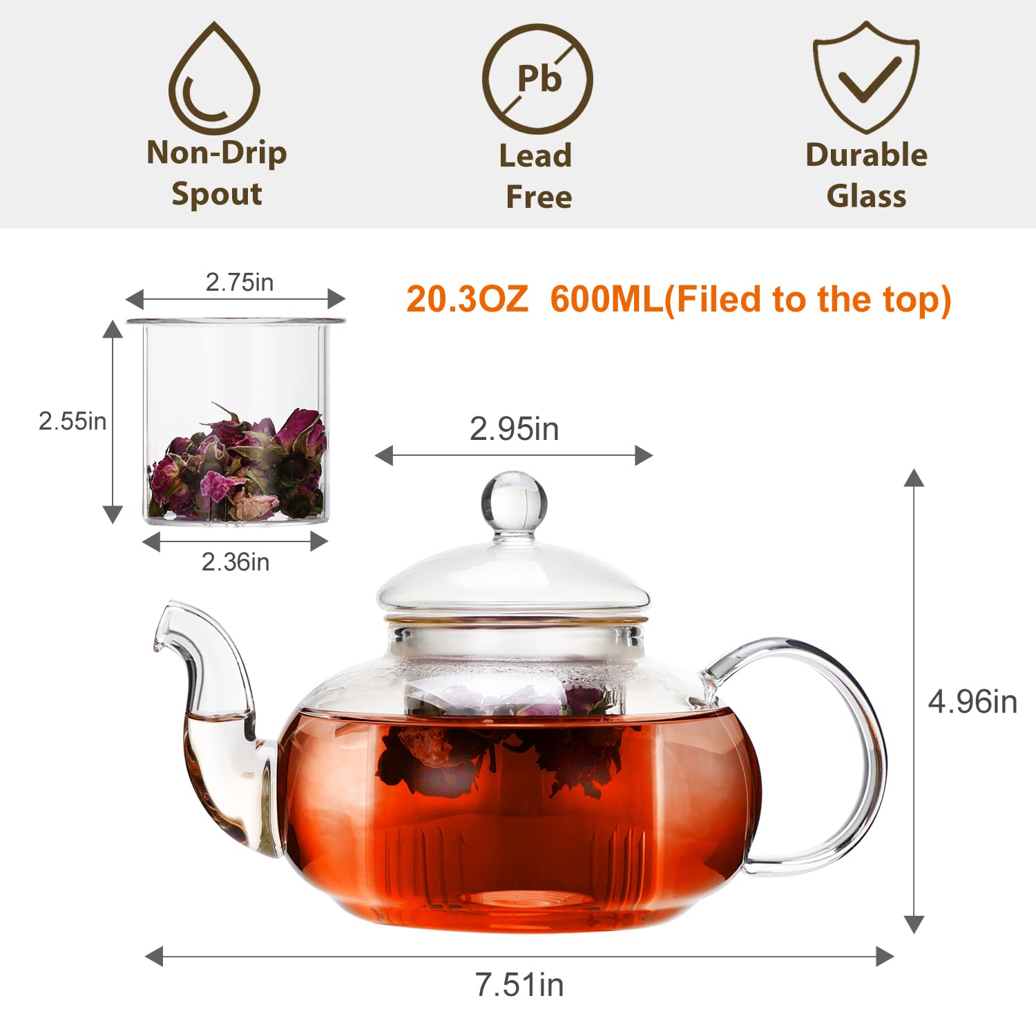 Clear borosilicate CNGLASS teapot for blooming tea