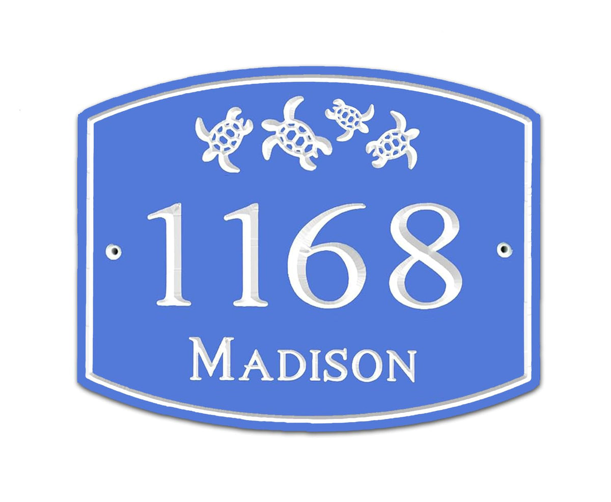 Coastal house number sign with sea turtle design