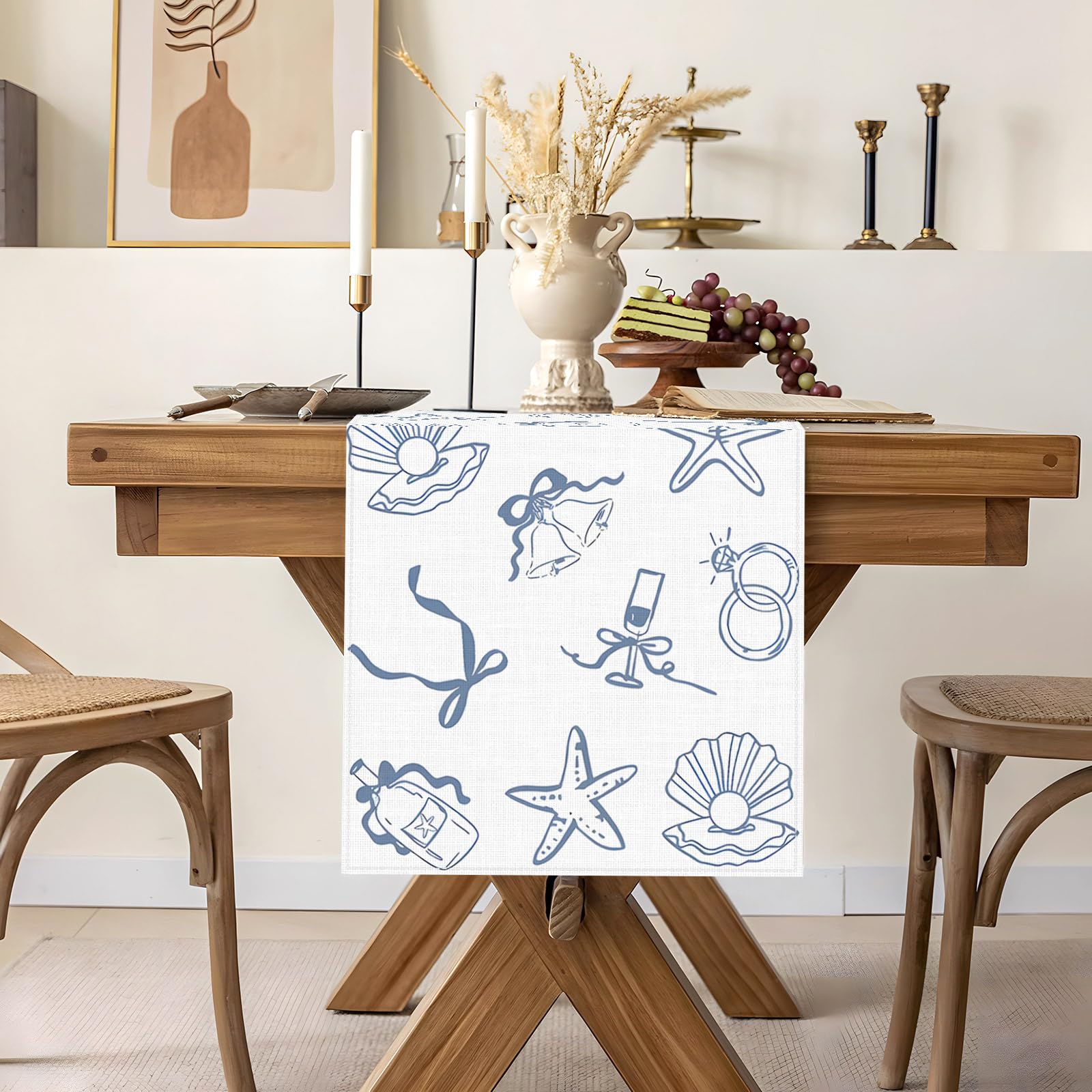 Coastal blue bow table runner for bachelorette party decor