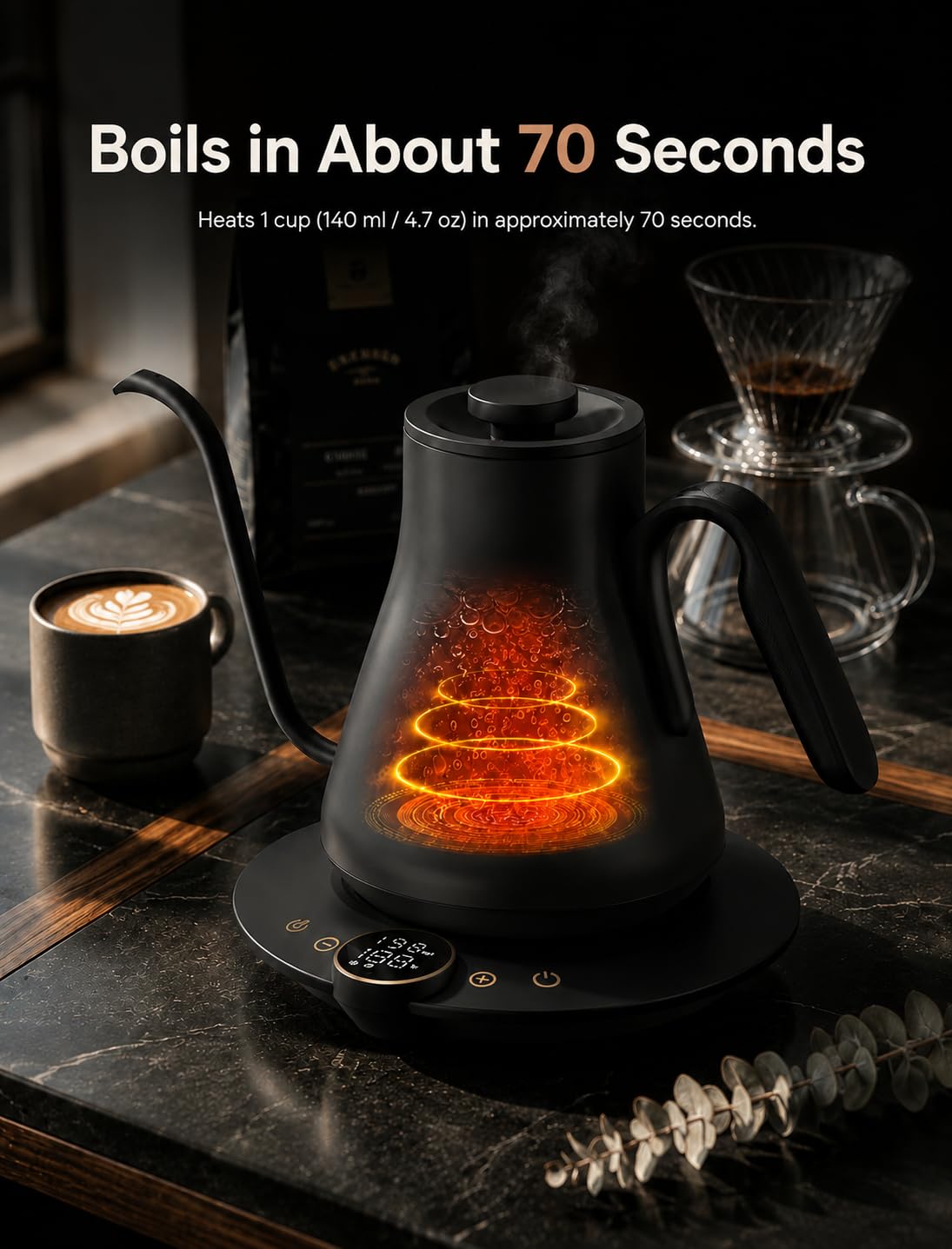 Built-in brew timer on Cocinare FLOW B9 kettle base
