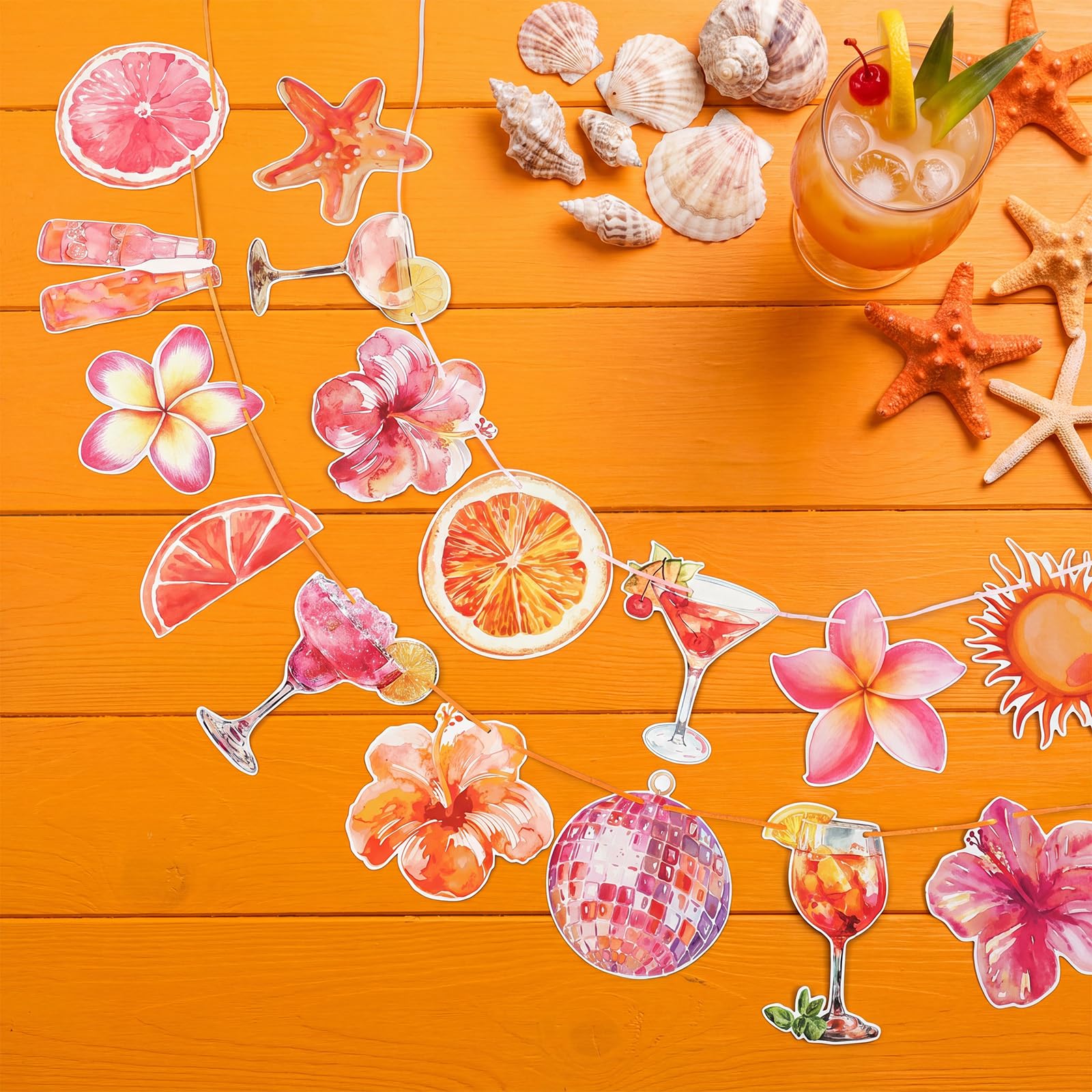 Starfish seashells cocktails fruit and flowers on banner