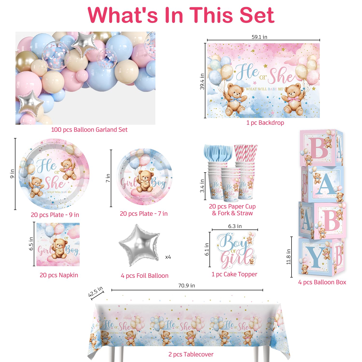 cocomigo 232pcs party set bear gender reveal contents