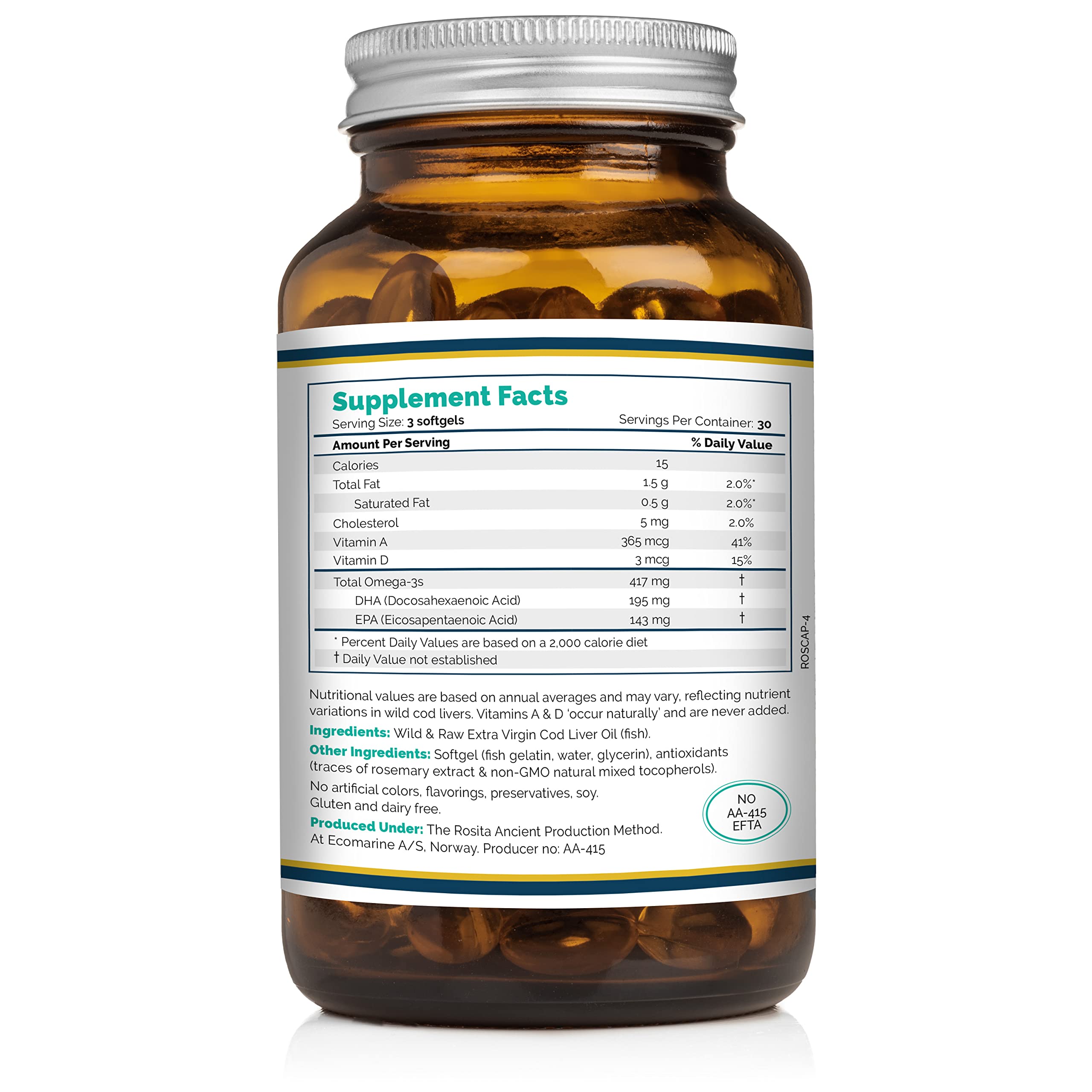 Rosita extra virgin cod liver oil softgels bottle EPA DHA