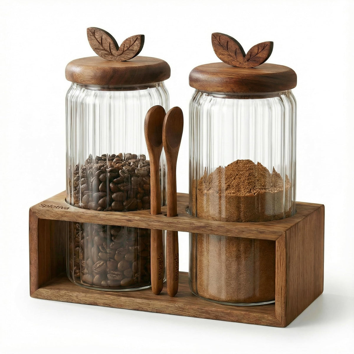Coffee Bar Glass Canister Set with 34 floz jars and acacia lids