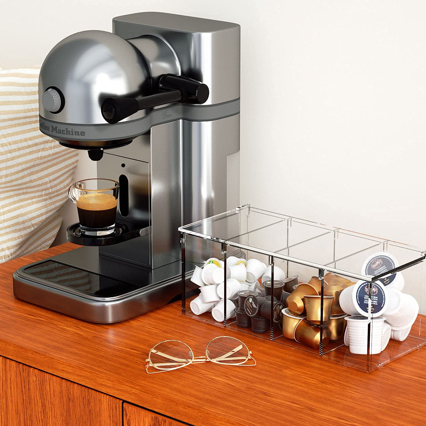Countertop display of coffee pods in clear acrylic