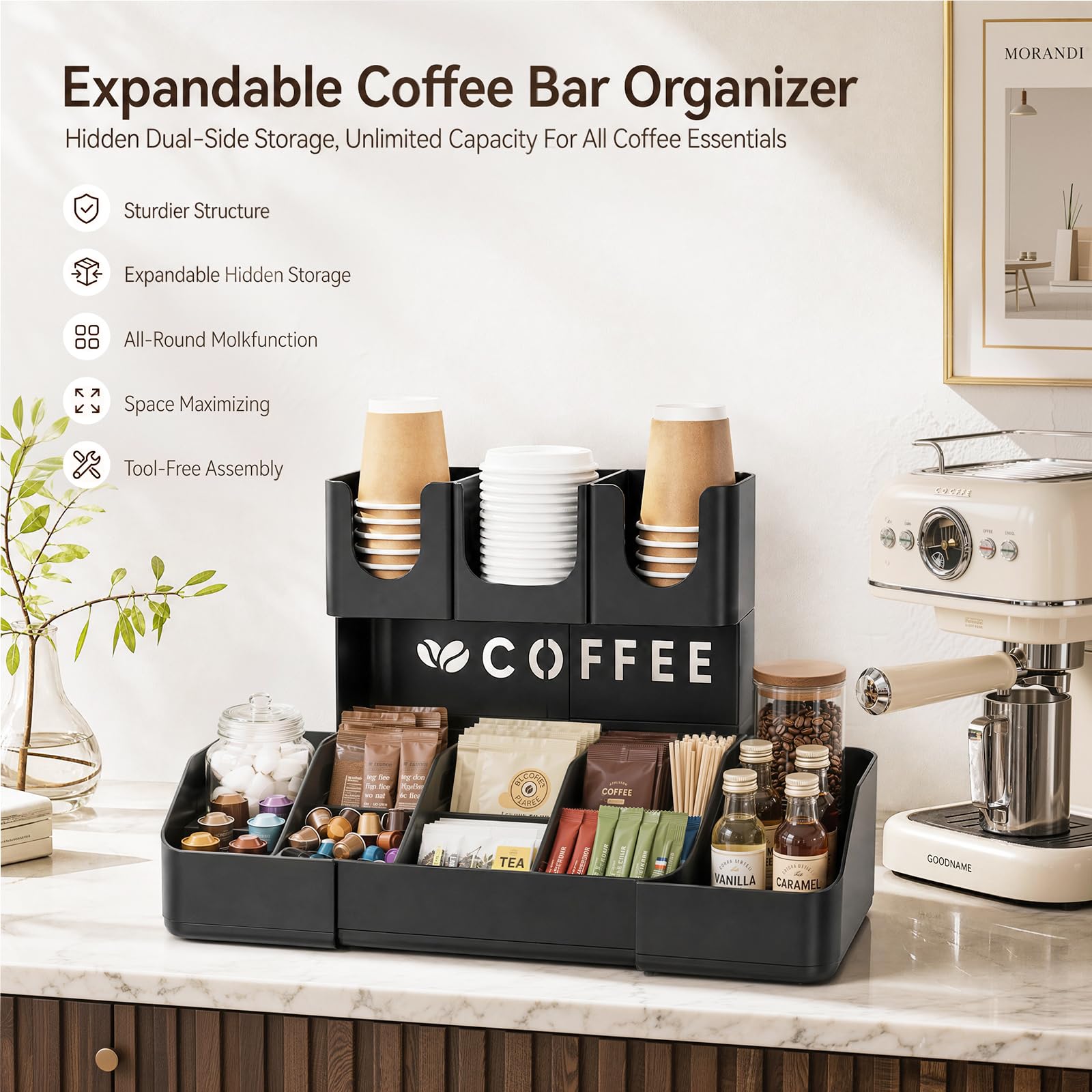 Top tier with 3 compartments for mugs and lids