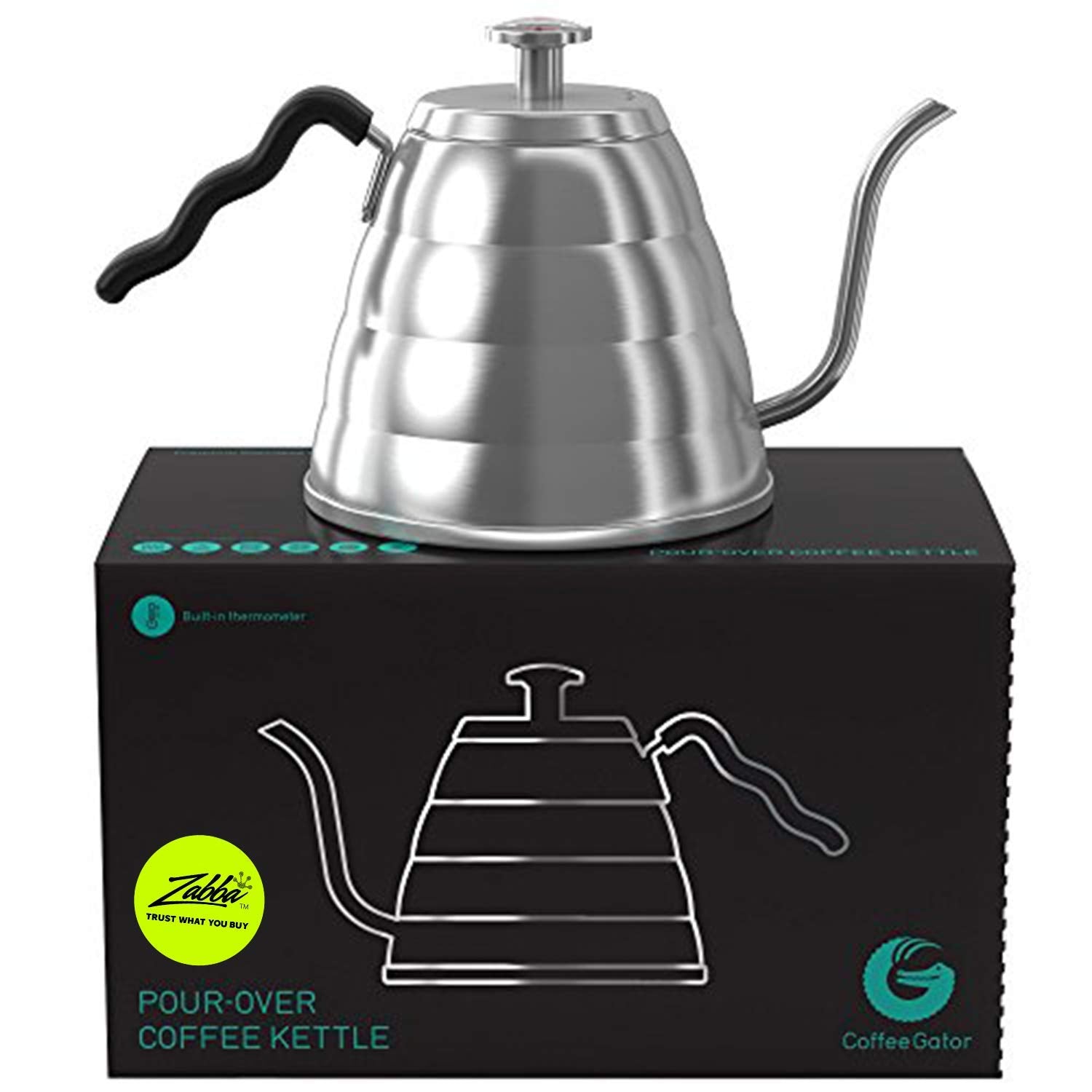Coffee Gator gooseneck kettle with thermometer 34oz front view