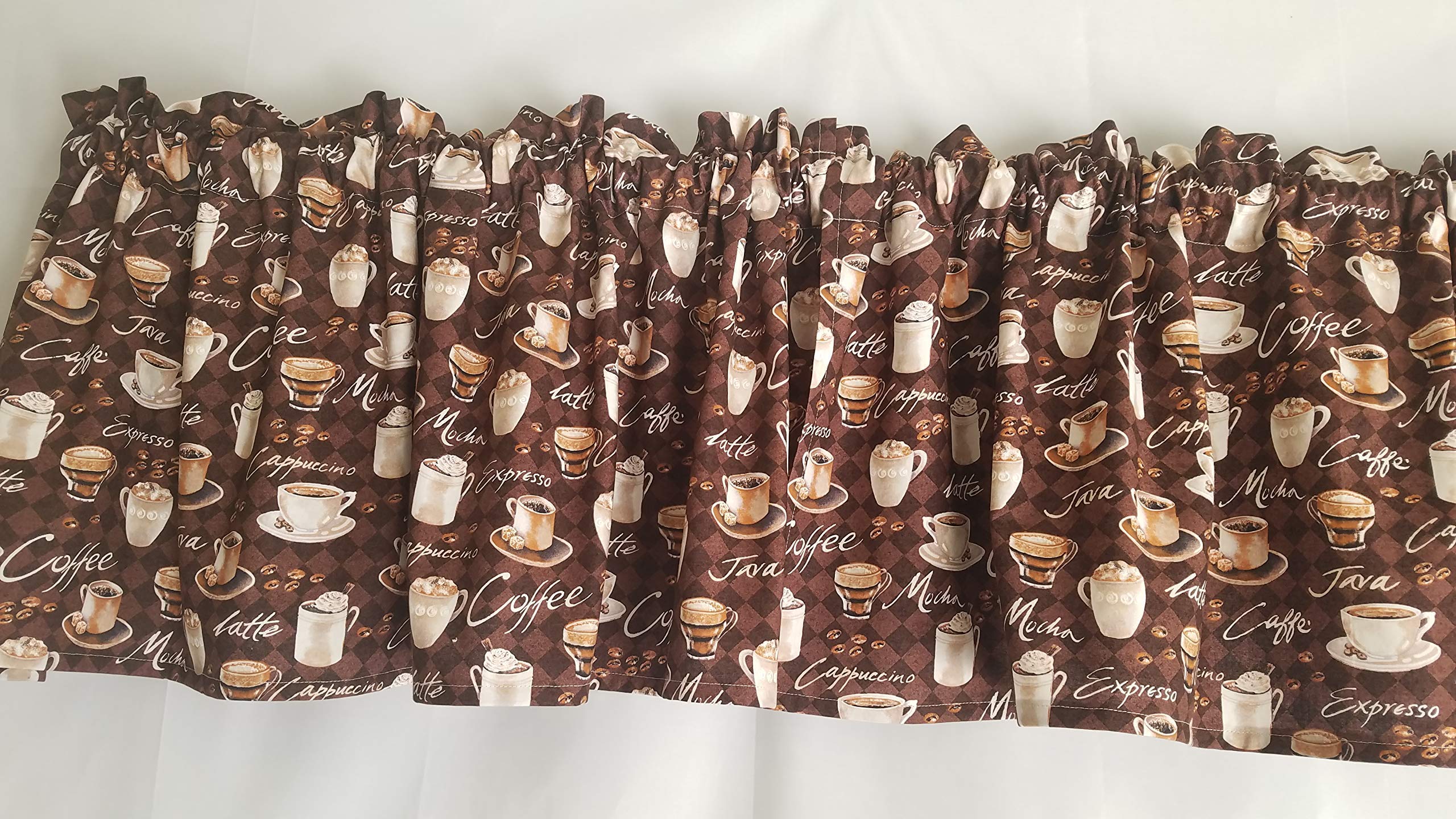 Coffee Patterned Kitchen Curtains brown fabric detail