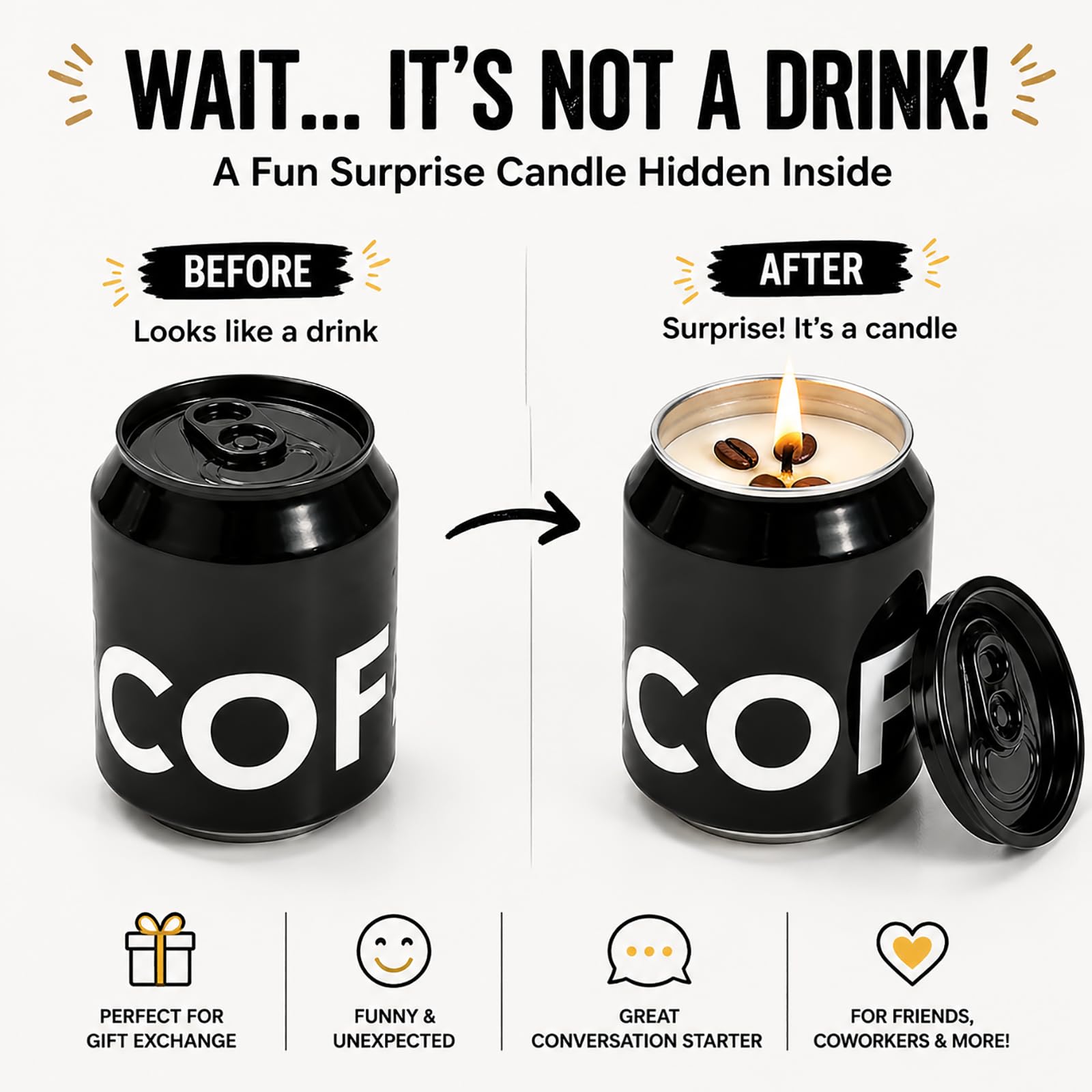 Coffee scented candle designed to resemble a coffee can