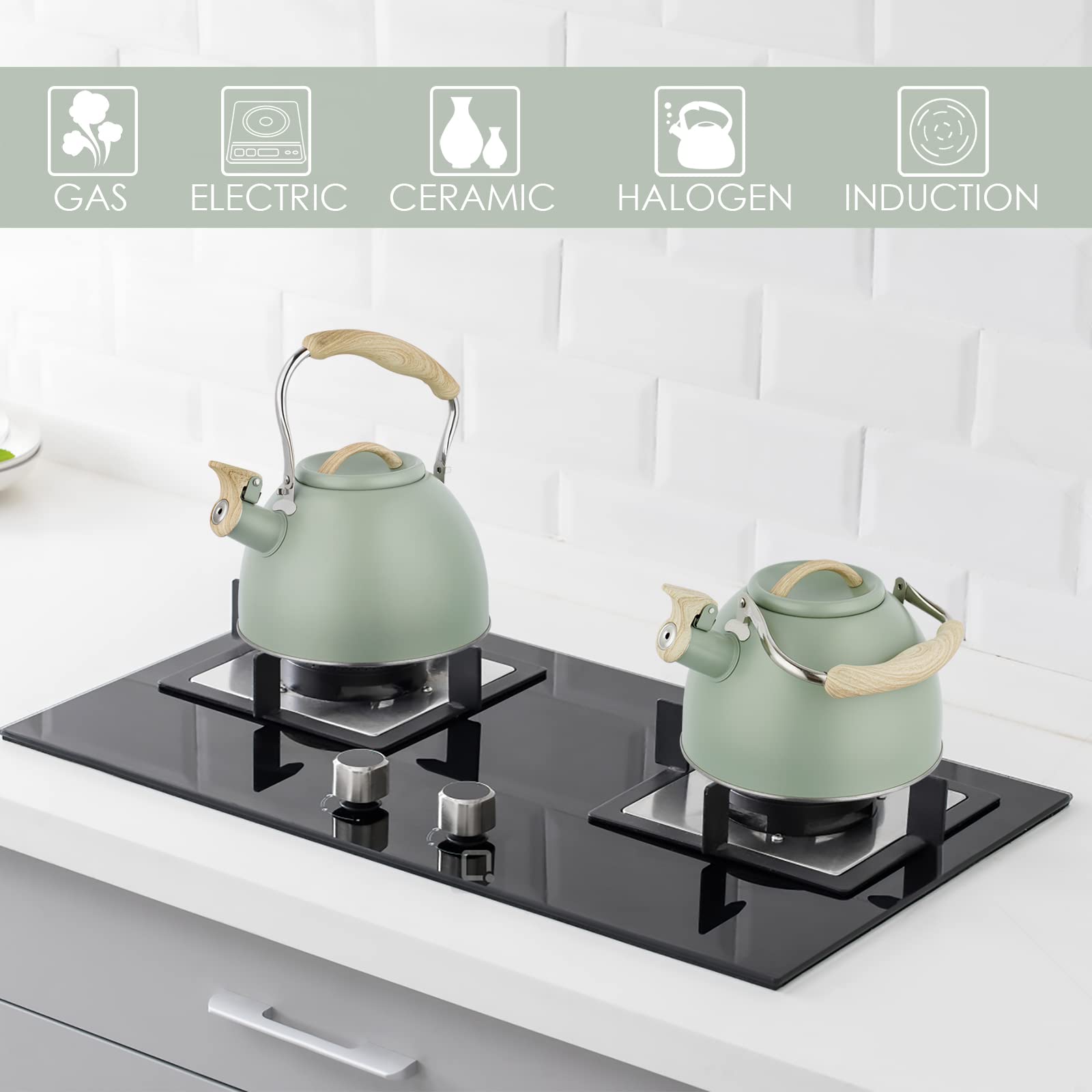 Coffee tea milk kettle in green with wood pattern handle