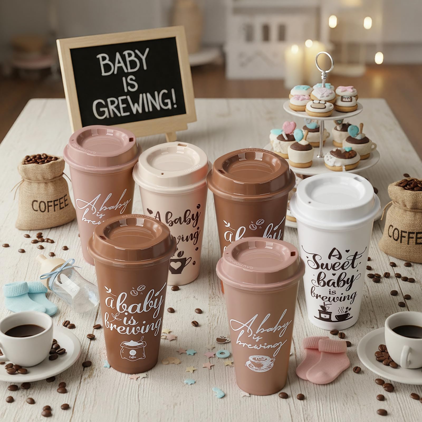 Coffee themed baby shower cups multicolor with lids