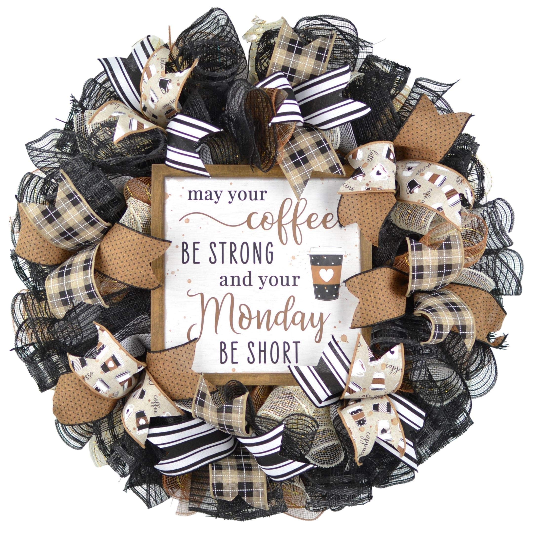 Coffee Wreath 24 inch round natural burlap with brown black white colors