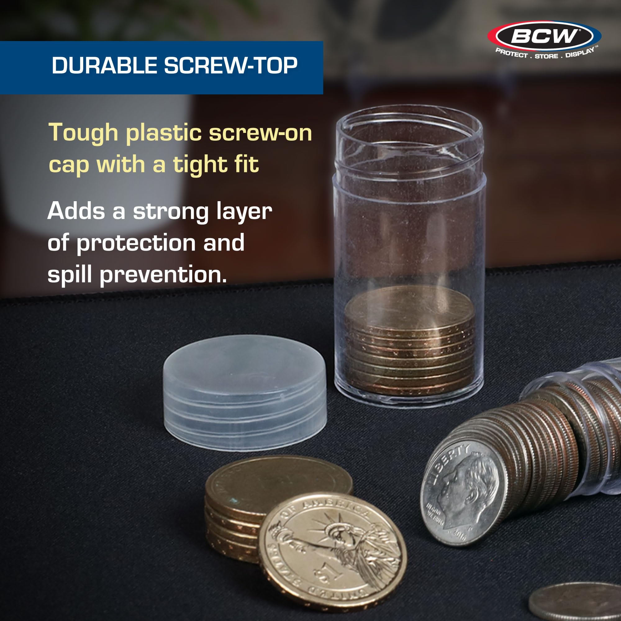 Coin storage tubes shown for small-item storage