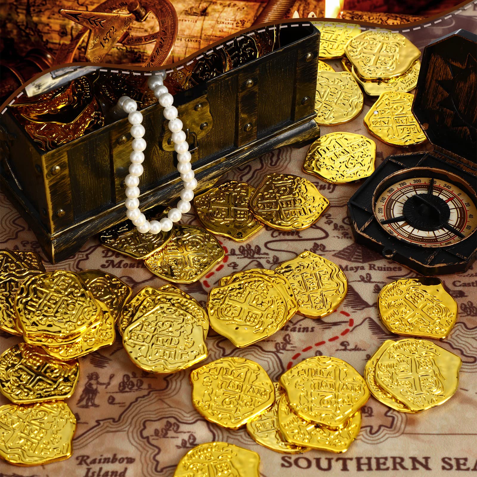 Glossy plastic pirate coins with golden color