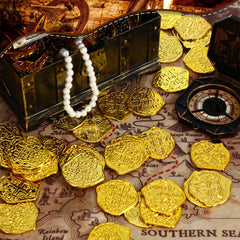 Glossy plastic pirate coins with golden color