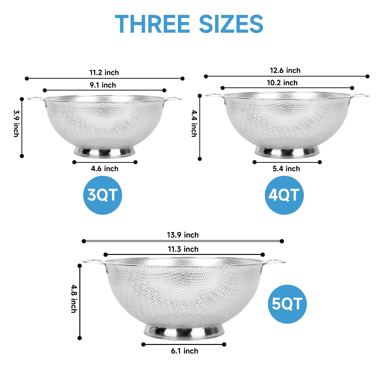 Colander 4qt stainless steel for rinsing vegetables and fruit