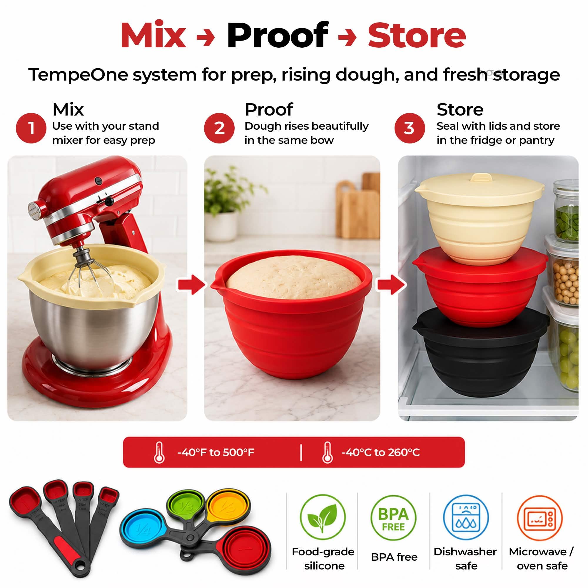 Four color coded collapsible measuring cups with spoons