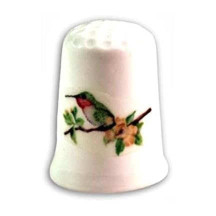 Collectible thimble with Ruby-Throated Hummingbird on china base