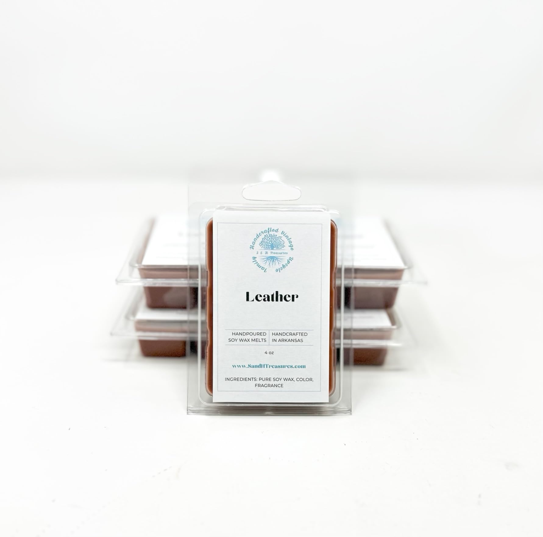 Color-added soy wax melts leather scent packaging