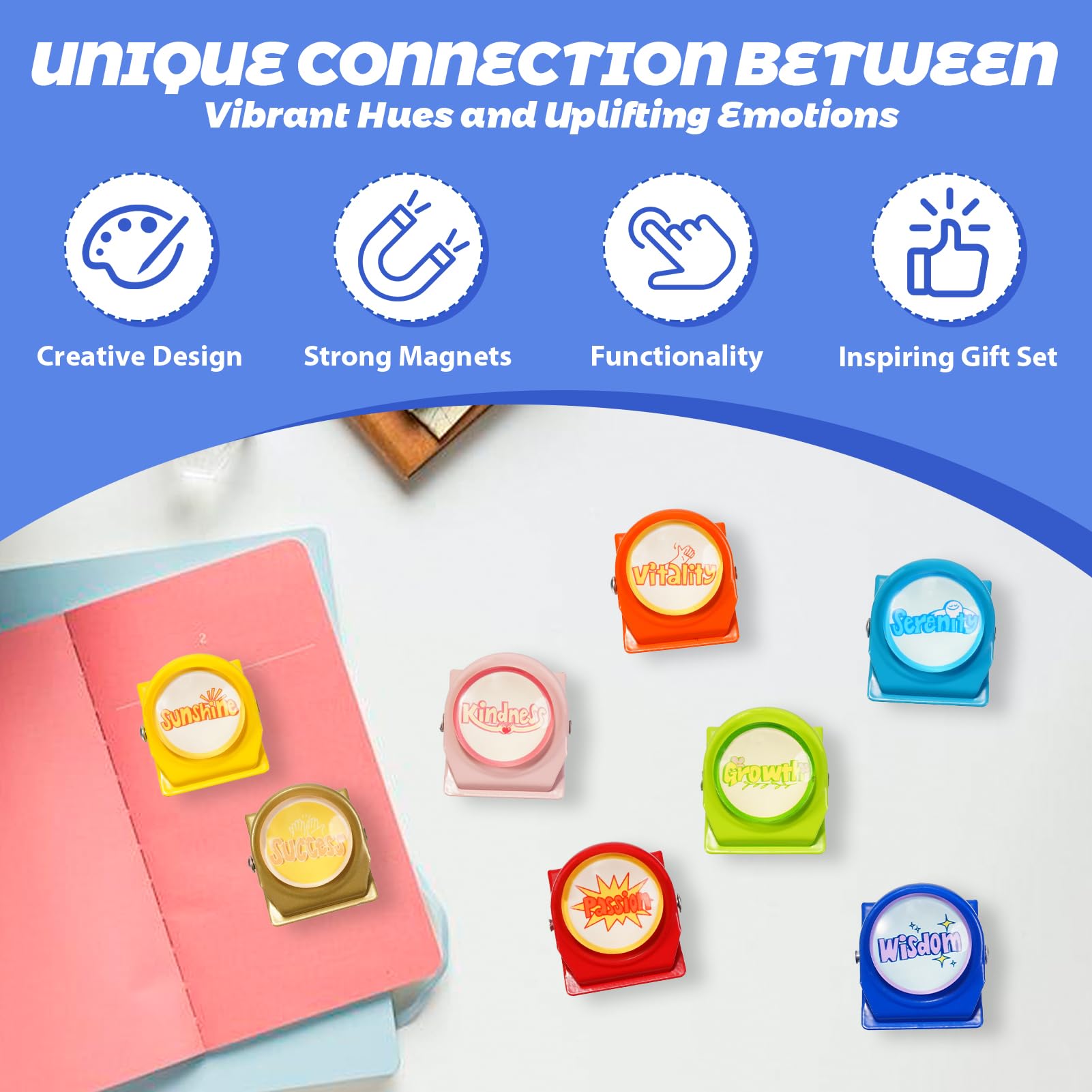 Color coded motivational clips on metal surface