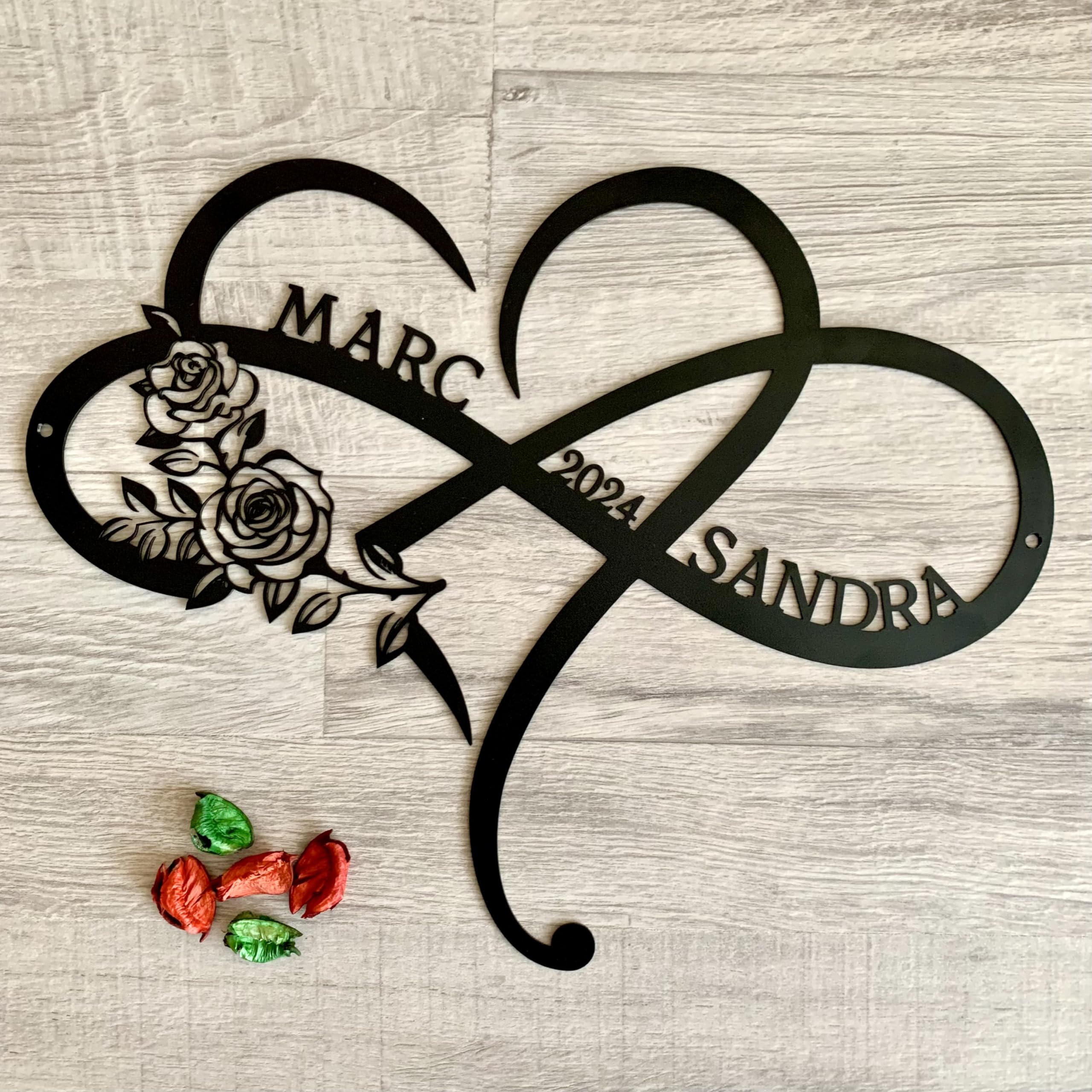 Personalized couple names est year design on infinity heart sign with roses