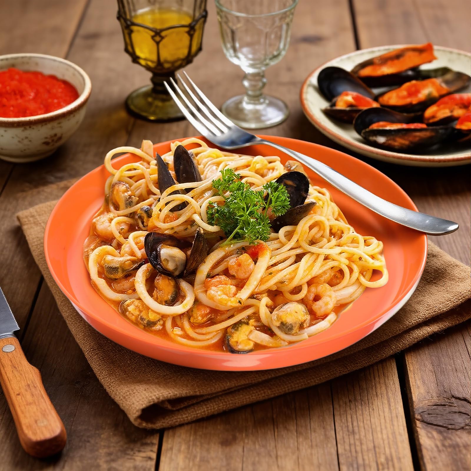 Stackable 7 inch plastic plates with rounded edges