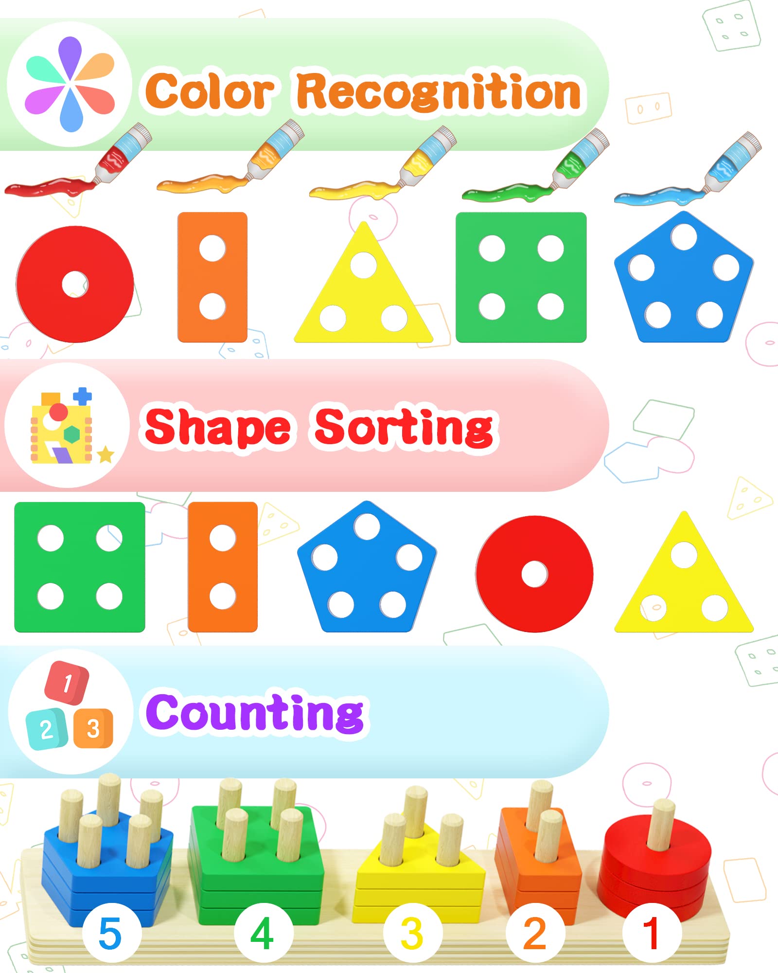Same-size geometric blocks in different colors and shapes for stacking