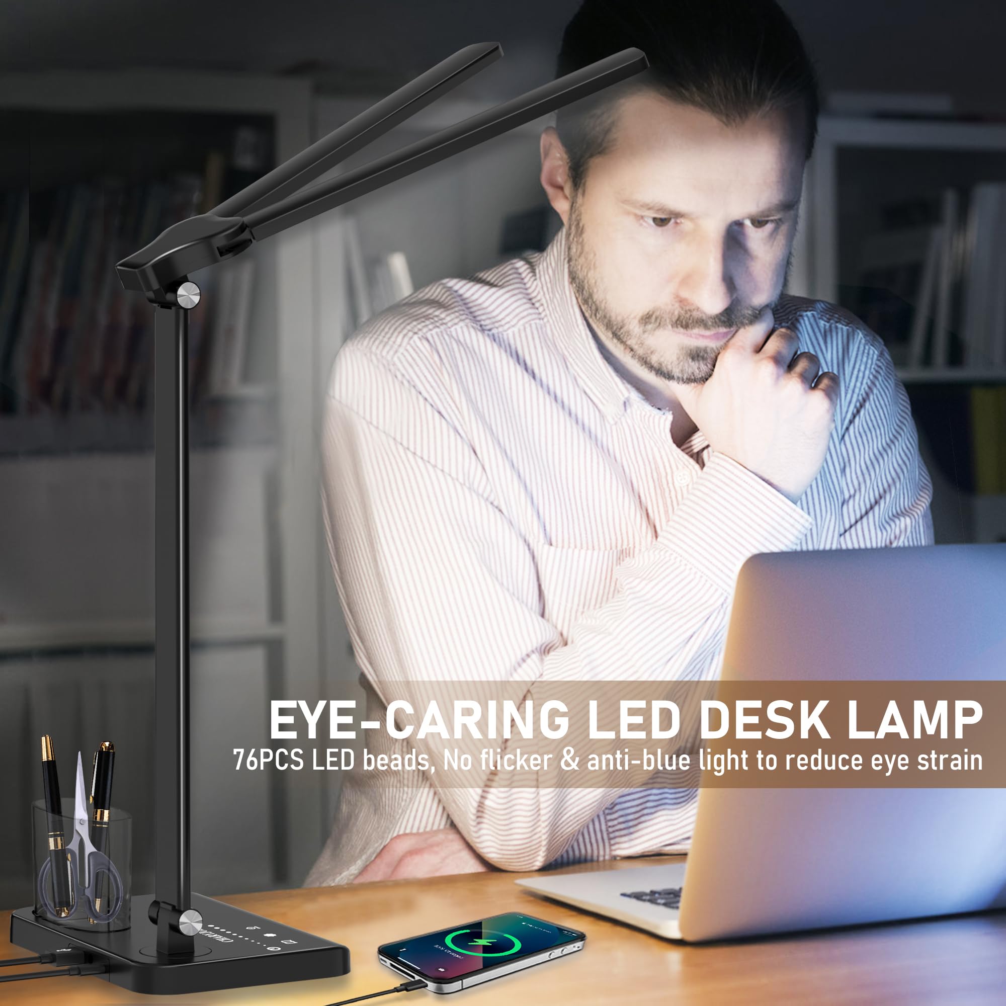 Desk lamp with USB charging while powered by adapter included
