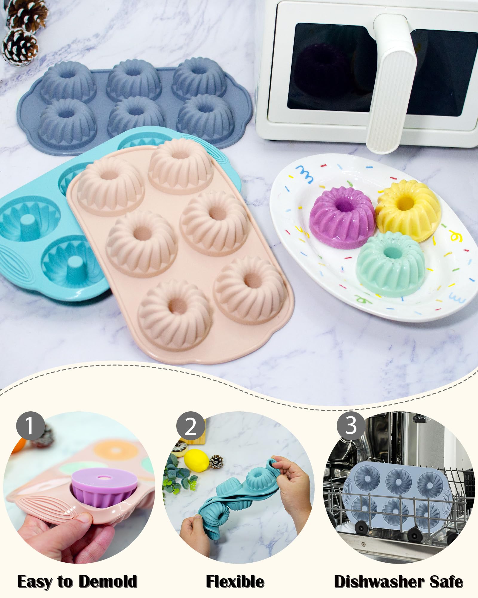 three silicone mini cake pans pink gray blue packaging