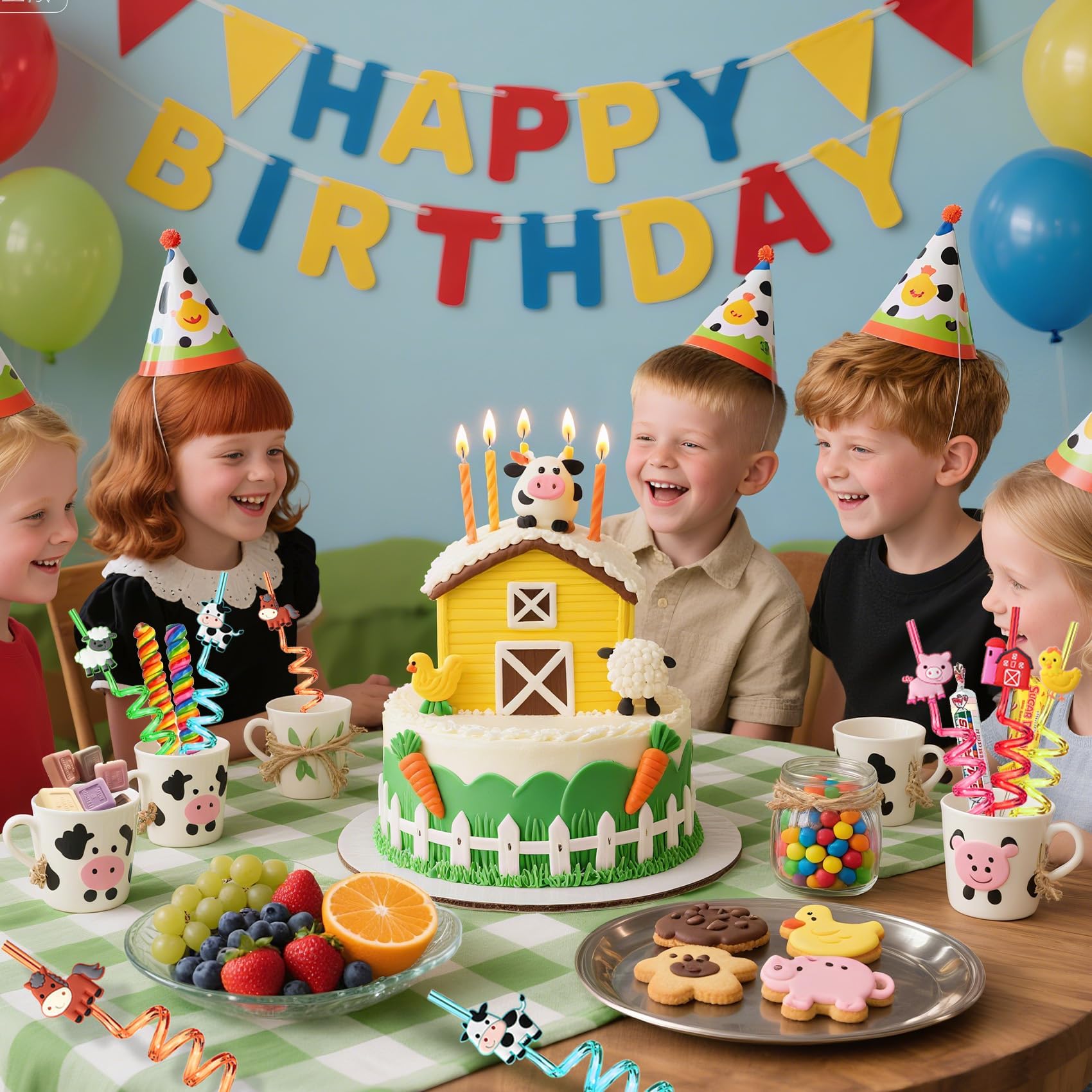 Reusable farm animal straw for birthday party decor