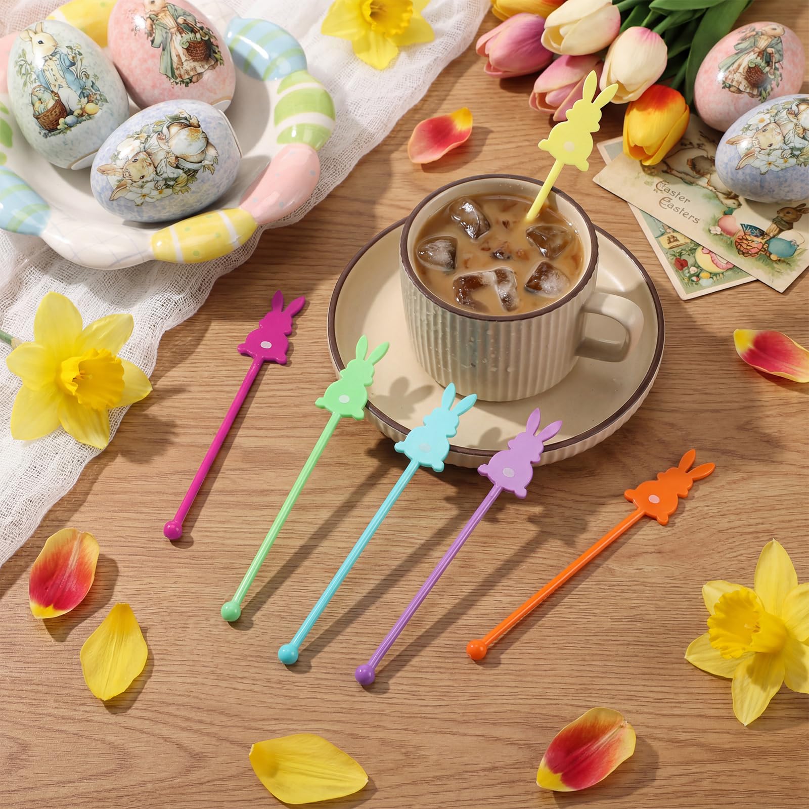 Package of 30 bunny stirrers in six colors for Easter