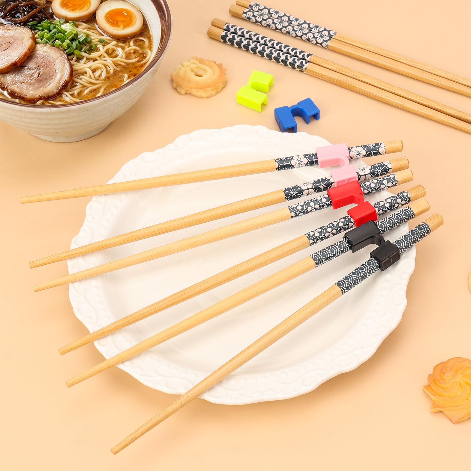 Wooden chopsticks with plastic color holders for easy identification