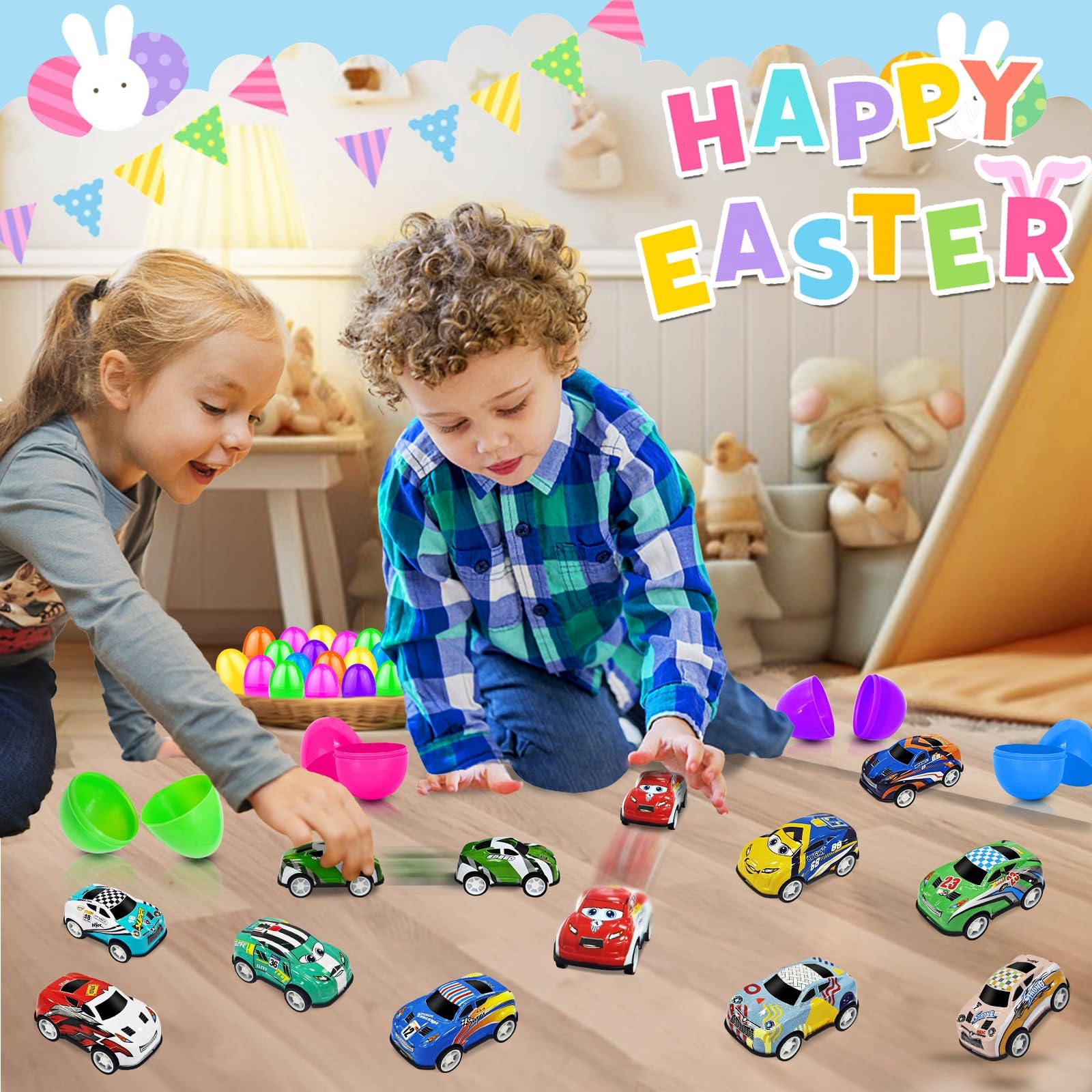Easter egg size 2.2 inch by 1.6 inch and car size 2 inch by 1.1 inch