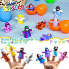 Colorful Easter eggs six colors green pink orange yellow blue purple with puppets