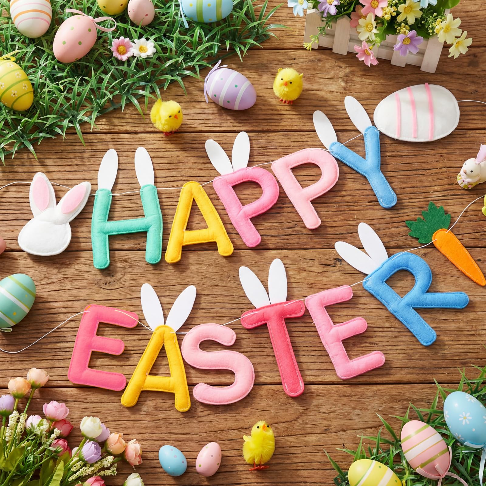 Colorful Happy Easter lettering banner made of felt